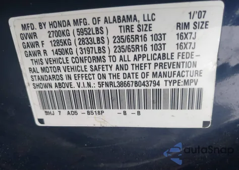 2007 Honda Odyssey Ex-L z USA, uszkodzony, nr VIN 5FNRL38667B043794